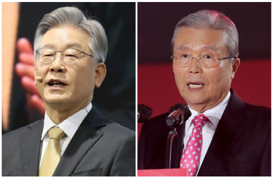 이재명(왼쪽) 더불어민주당 대선 후보와 김종인 국민의힘 총괄선대위원장. 연합뉴스